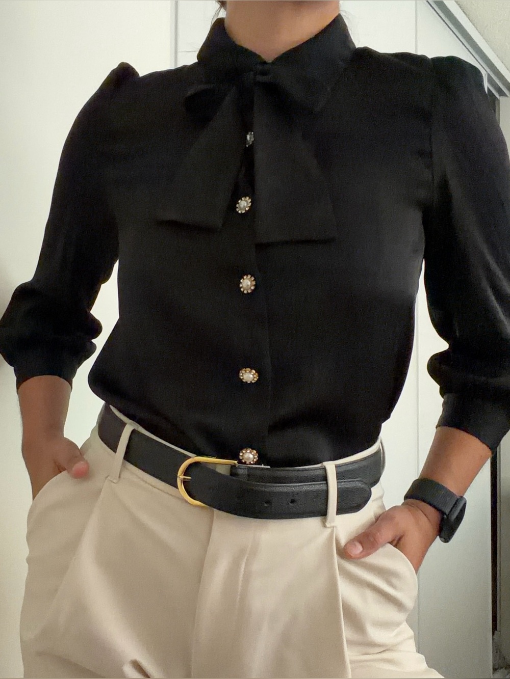 Zara Black Satin Faux Pearl Jewel Button Bow Blouse - Size XS